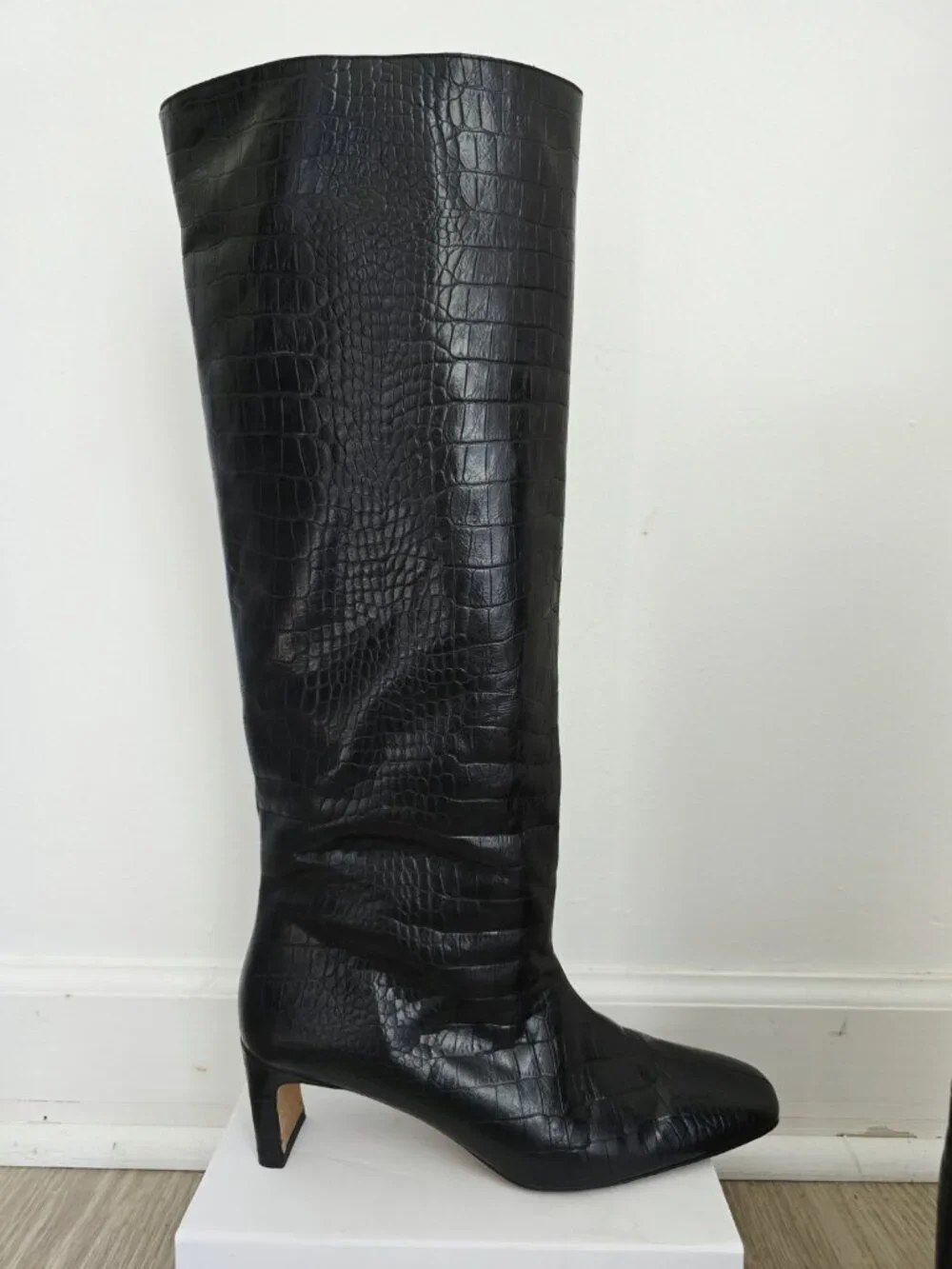 Anine Bing Felicia Croc Embossed Tall Knee Heeled Boots 41 11 Black Leather